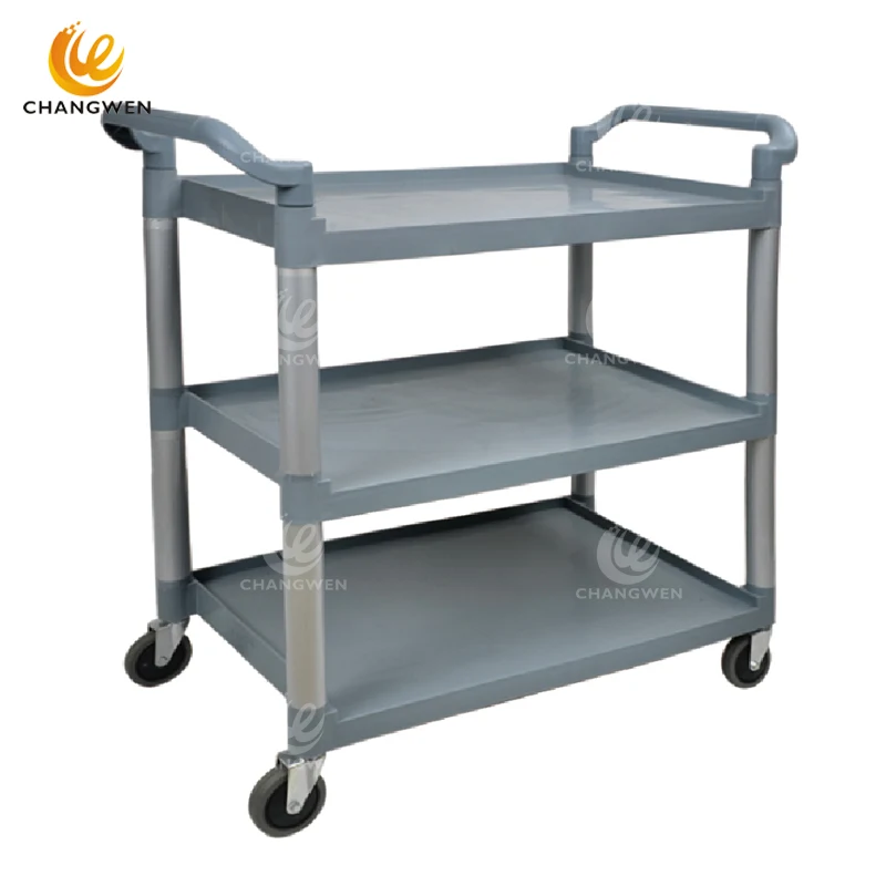 Gray Plastic Utility Cart – Durable 3-Shelf Model