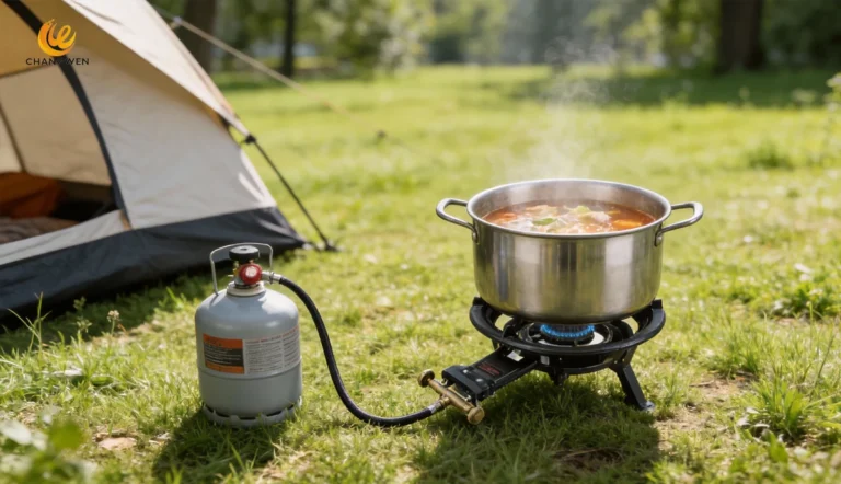 Single burner propane stove cooking in outdoor camping scene