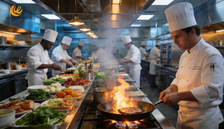 A bustling scene in the kitchen of a modern upscale restaurant, where professional chefs are busy preparing dishes.