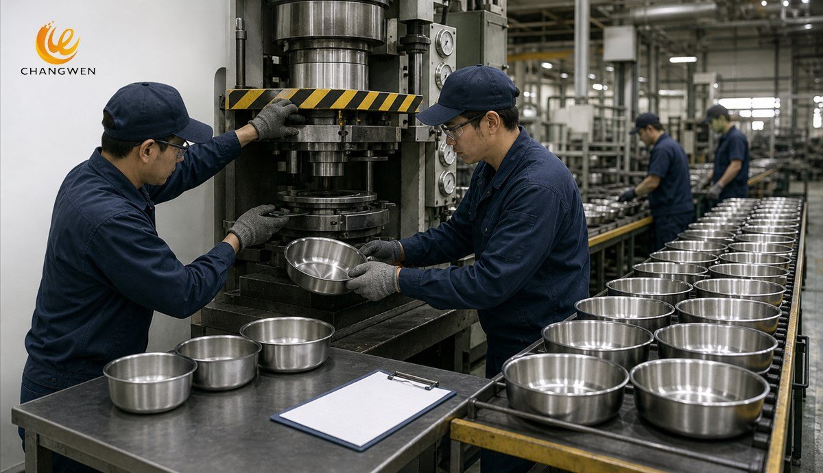 Cookware factory line setup showing how batch size and tooling influence unit cost