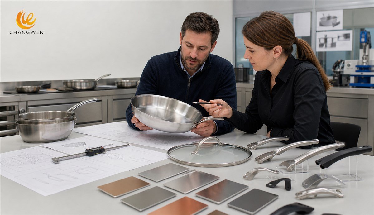 Cookware engineers reviewing a pan design materials handles lid and manufacturing tolerances