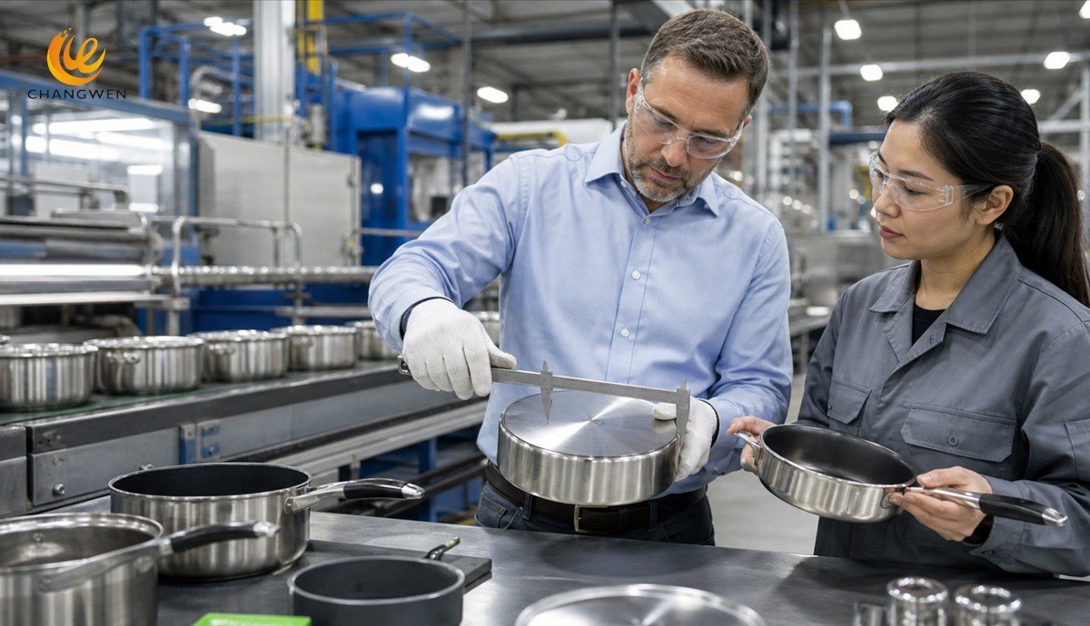 Buyer reviewing cookware factory quality control