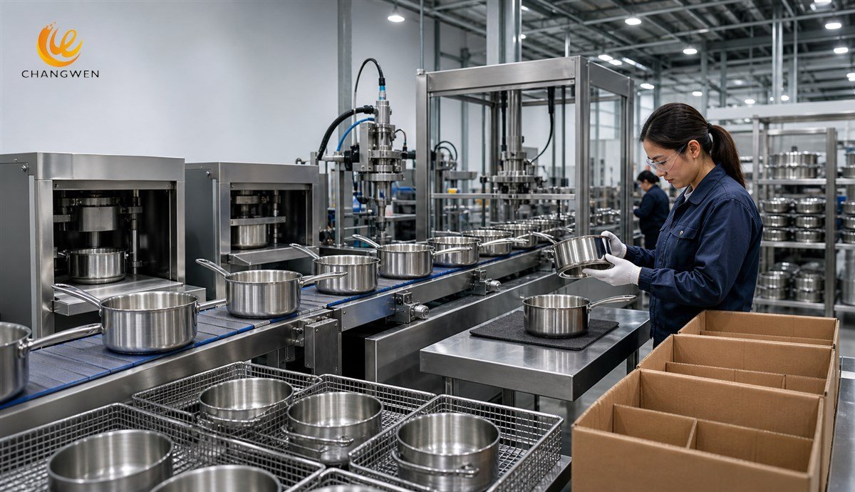 Stainless steel cookware moving through mass production and inline quality inspection