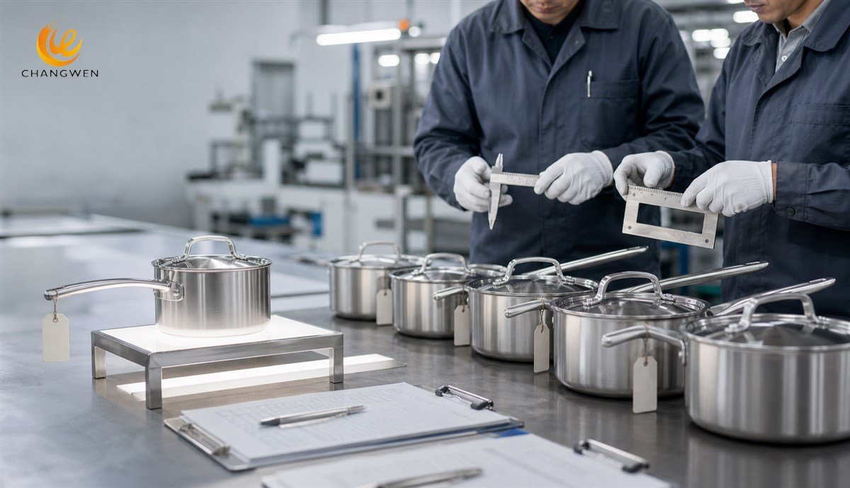 Technicians comparing cookware pilot-run units with an approved reference sample