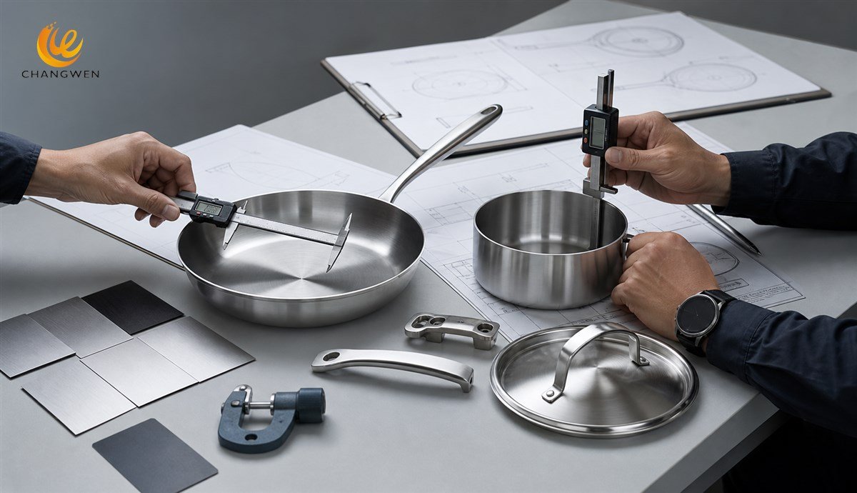 Engineers measuring cookware dimensions thickness handles and lid interfaces for an RFQ specification