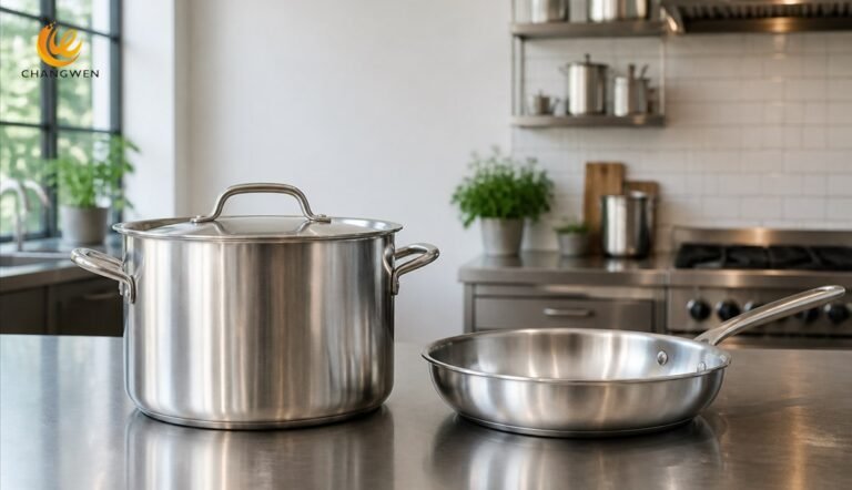 Stainless steel cooking pot and frying pan compared side by side