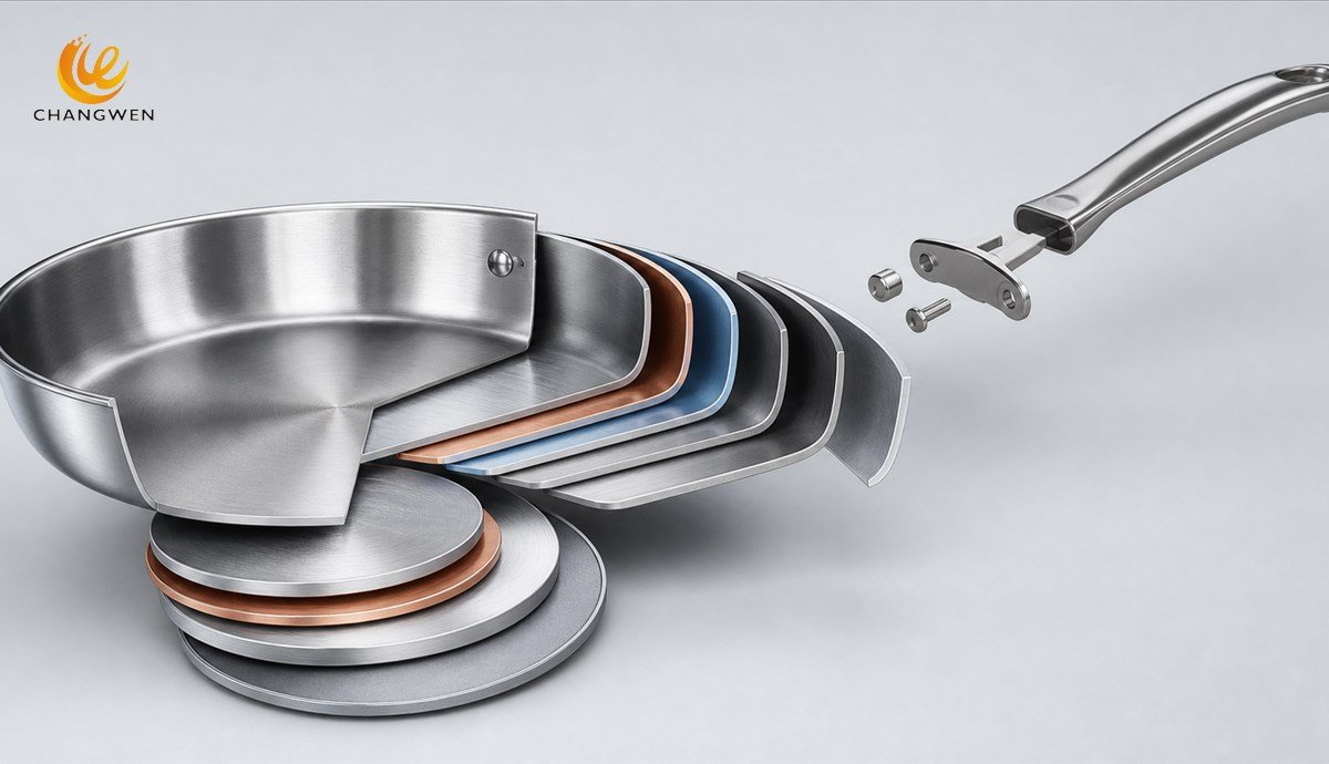 Multi-grade stainless steel cookware layer construction