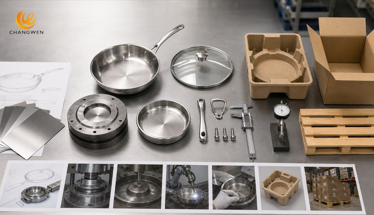 OEM cookware samples arranged with tooling, packaging and cost-planning documents