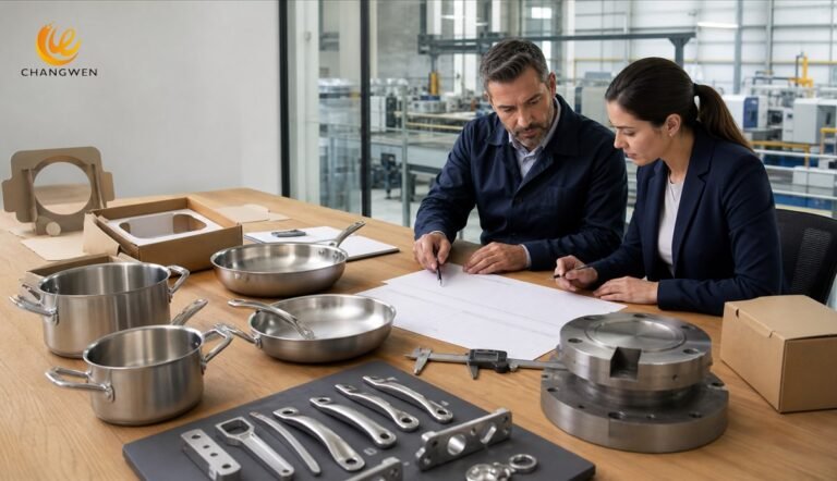 Buyer and factory engineer reviewing the complete cost of OEM cookware manufacturing