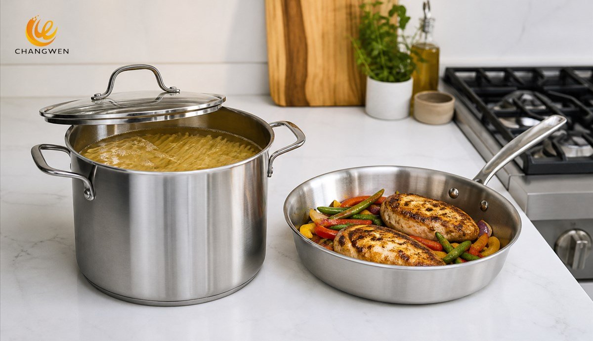 Pasta cooking in a pot beside protein and vegetables in a pan