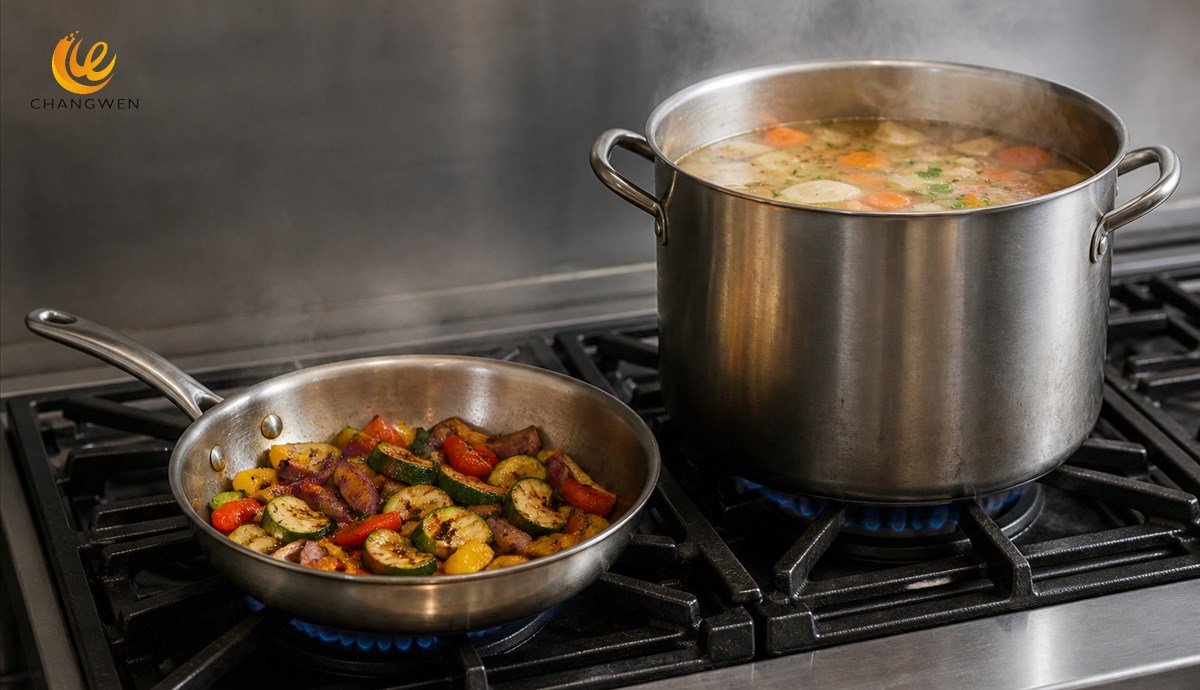 Soup simmering in a pot beside vegetables searing in a frying pan