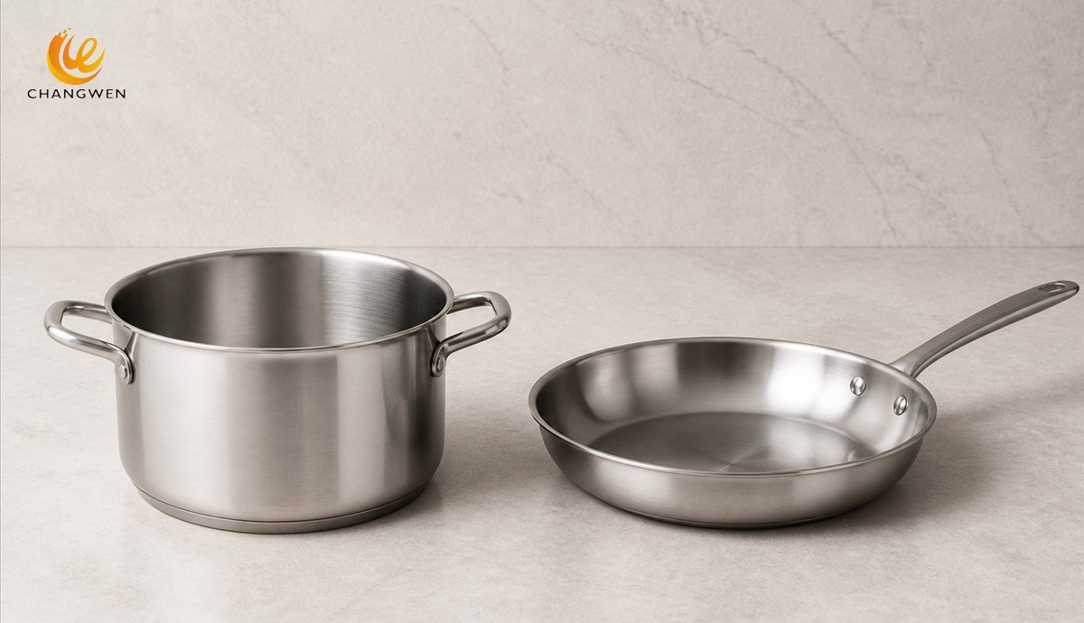 Tall stainless steel pot compared with a shallow stainless steel pan