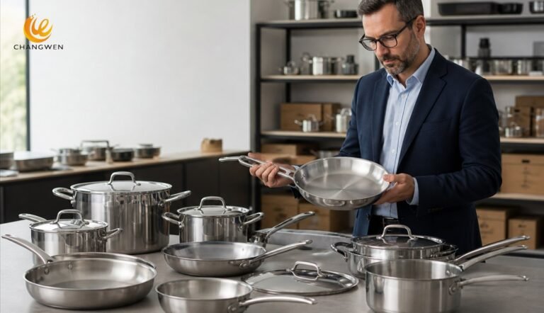 Retail buyer evaluating stainless steel cookware supplier samples