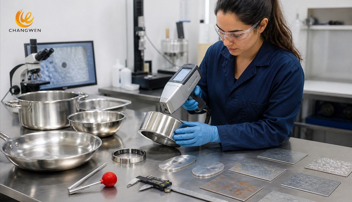 Quality engineer verifying stainless steel grades in cookware