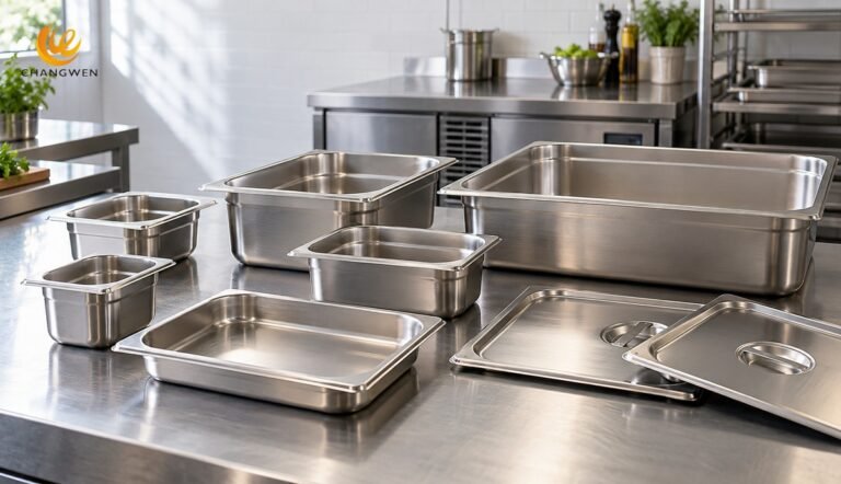 Assortment of stainless steel GN food pans with varied footprints and depths on a commercial kitchen counter