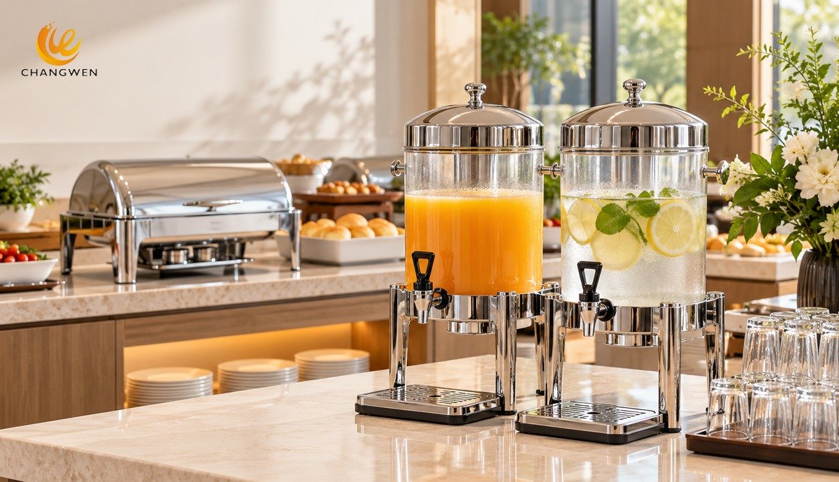 Two stainless-framed beverage dispensers with drip trays at a hotel breakfast station