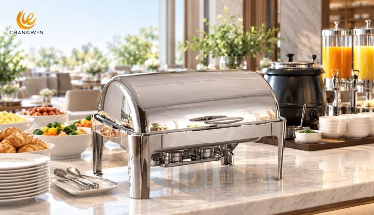 Hotel breakfast buffet with a polished roll-top chafing dish, soup warmer and beverage dispensers