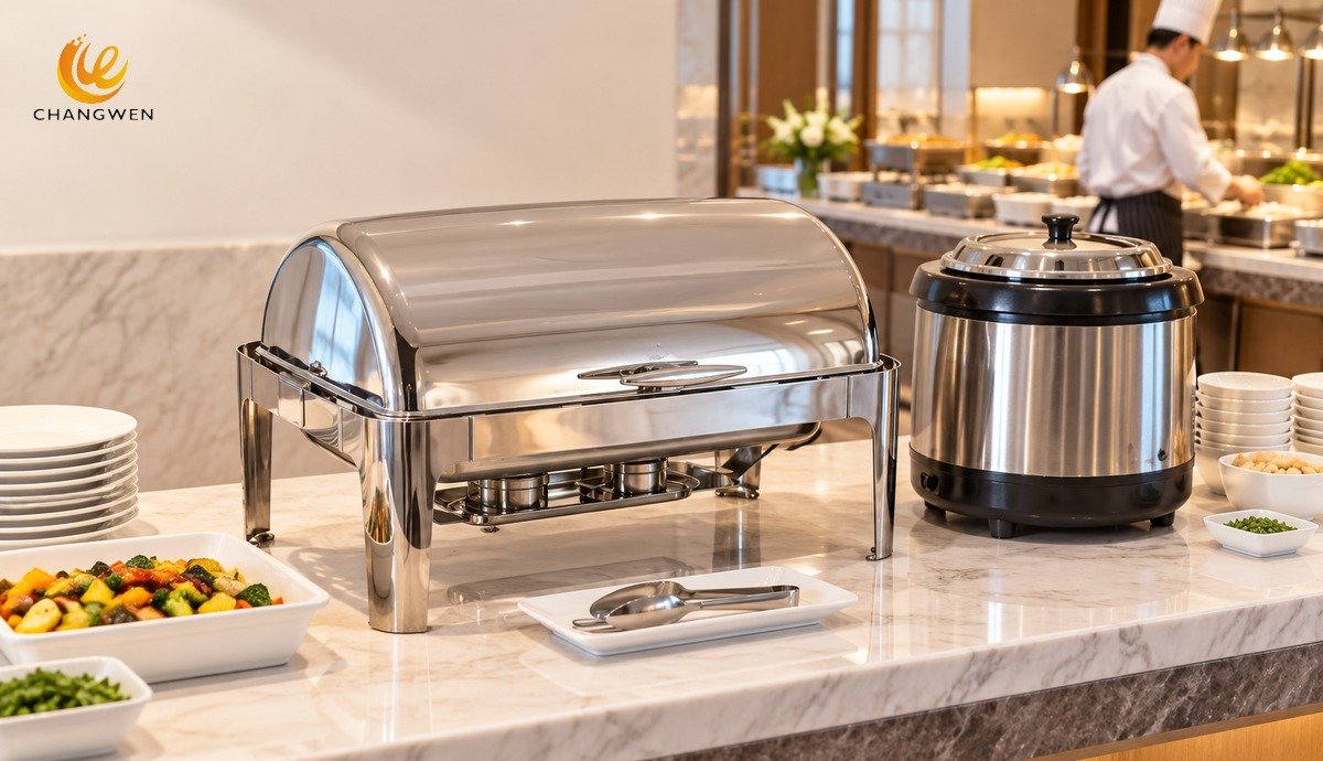 Hotel buffet counter with a roll-top chafing dish and a separate soup warmer