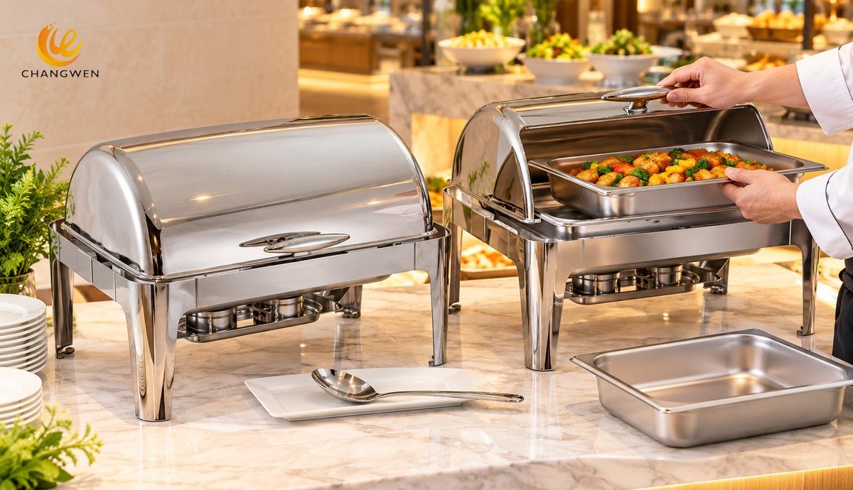 Roll-top chafing dishes on a hotel buffet counter during a food-pan replacement