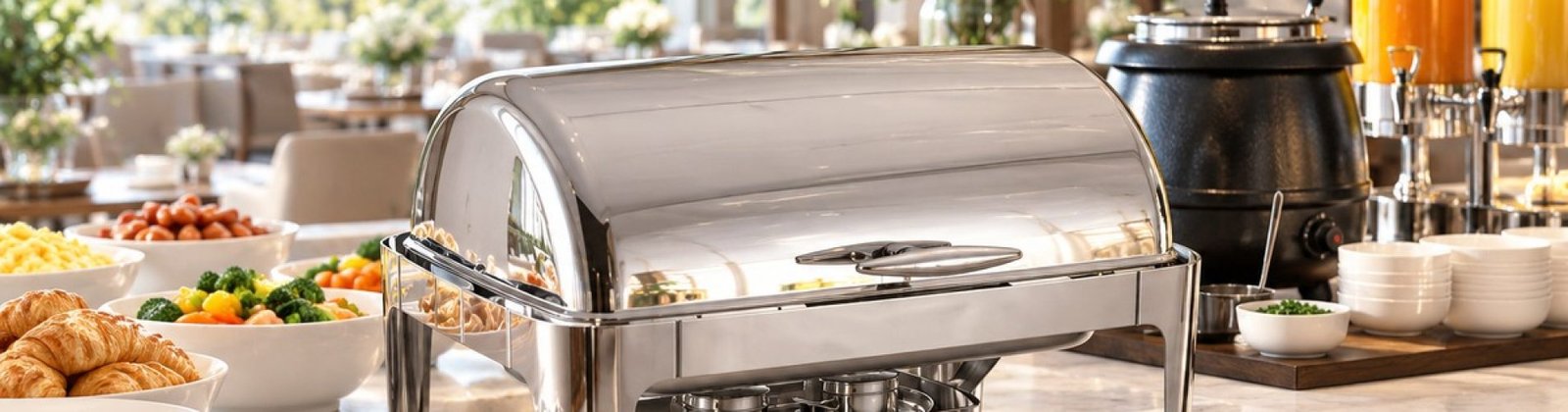 Hotel breakfast buffet with a polished roll-top chafing dish, soup warmer and beverage dispensers