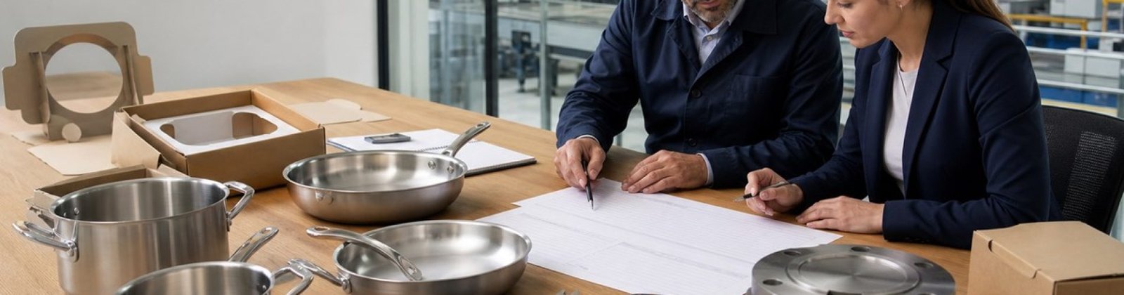 Buyer and factory engineer reviewing the complete cost of OEM cookware manufacturing