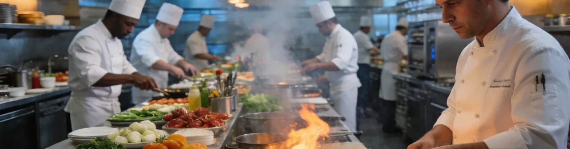 A bustling scene in the kitchen of a modern upscale restaurant, where professional chefs are busy preparing dishes.