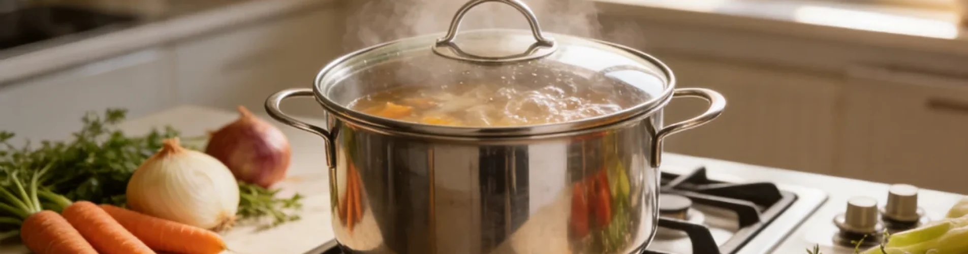 A stainless steel soup pot sat on the stove, its contents bubbling and steaming.