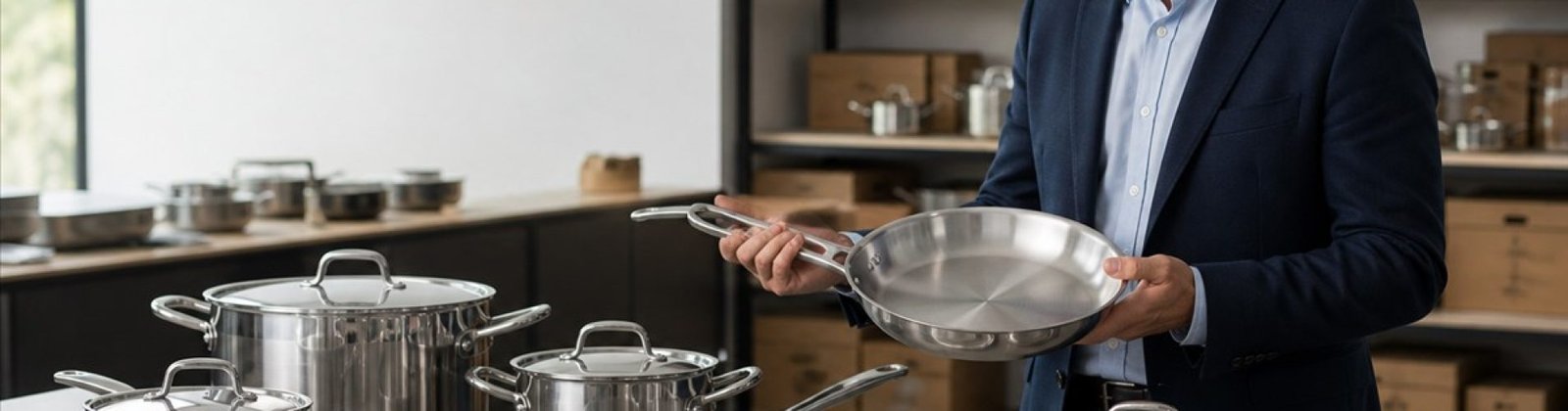 Retail buyer evaluating stainless steel cookware supplier samples